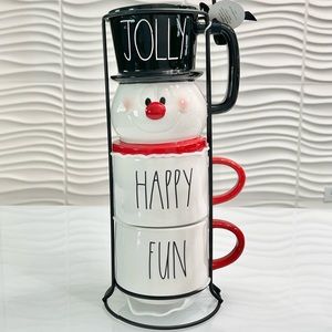 Rae Dunn JOLLY HAPPY FUN / FROSTY THE SNOWMAM Mug Stacker.